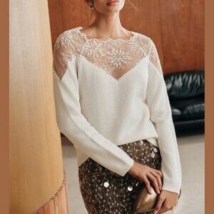 Ivory Sheer Lace Yoke Boat Neck Sweater